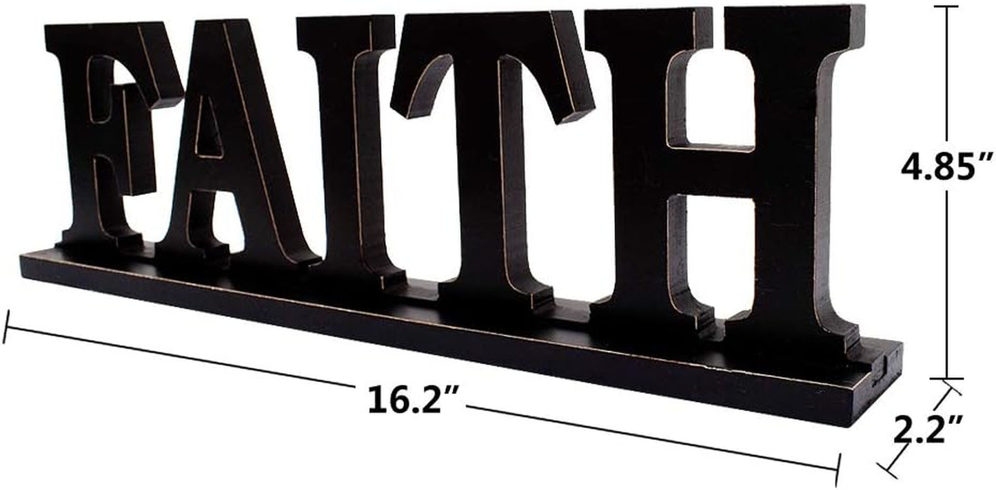 Rustic Wood Faith Sign for Home Decor, Decorative Wooden Cutout Word Decor Freestanding Faith Tabletop Decor, 16.2" X 4.85" Black Faith Block Letters Sign Faith Mantel Decor (Black Faith Sign)