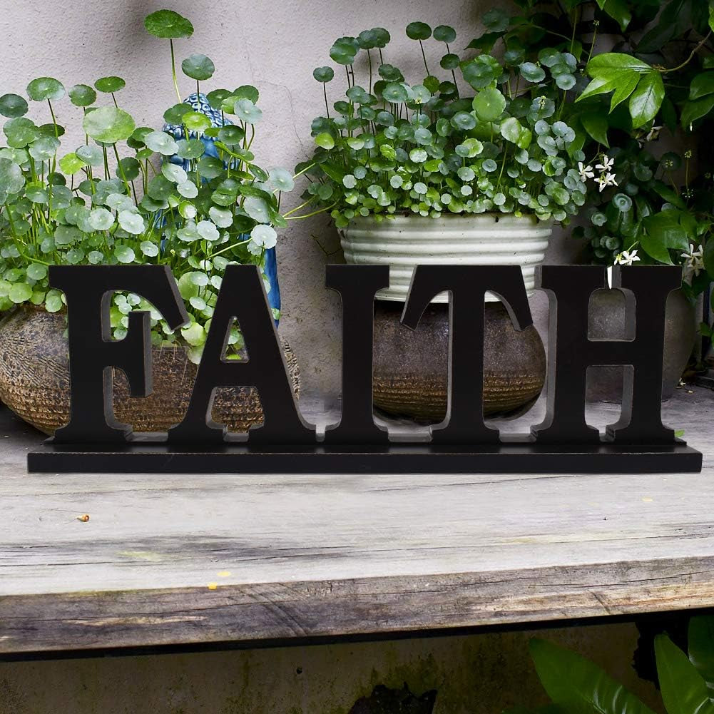 Rustic Wood Faith Sign for Home Decor, Decorative Wooden Cutout Word Decor Freestanding Faith Tabletop Decor, 16.2" X 4.85" Black Faith Block Letters Sign Faith Mantel Decor (Black Faith Sign)