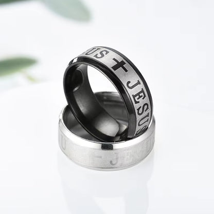 Stainless Steel Black Color Jesus Cross Ring Letter Bible Prayer Finger Rings for Men 8Mm Amulet Jewelry