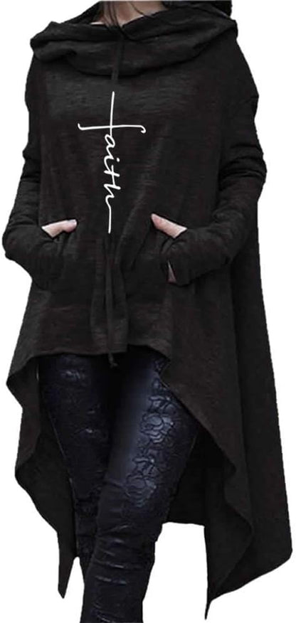 Faith Print Long Sleeve Loose Casual Pullovers Irregular Hem Long Hoodies for Women