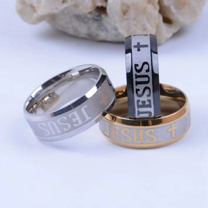 Stainless Steel Black Color Jesus Cross Ring Letter Bible Prayer Finger Rings for Men 8Mm Amulet Jewelry