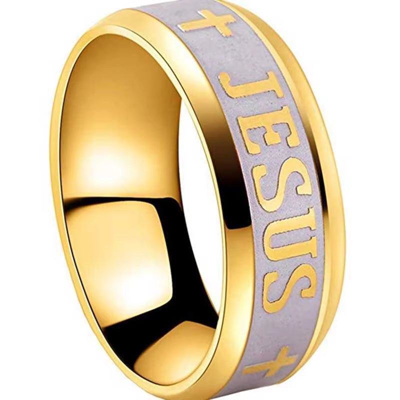 Stainless Steel Black Color Jesus Cross Ring Letter Bible Prayer Finger Rings for Men 8Mm Amulet Jewelry