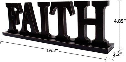 Rustic Wood Faith Sign for Home Decor, Decorative Wooden Cutout Word Decor Freestanding Faith Tabletop Decor, 16.2" X 4.85" Black Faith Block Letters Sign Faith Mantel Decor (Black Faith Sign)