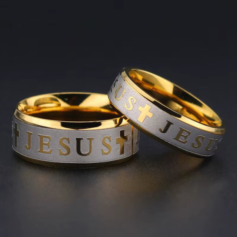 Stainless Steel Black Color Jesus Cross Ring Letter Bible Prayer Finger Rings for Men 8Mm Amulet Jewelry